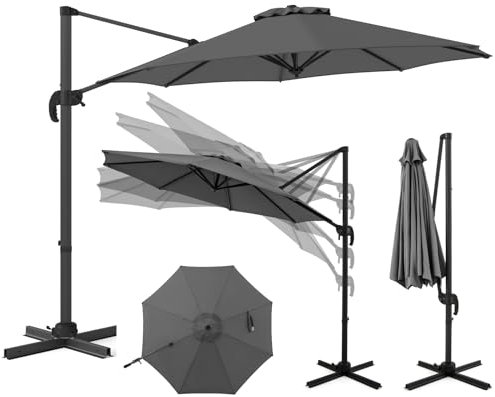 RELAX4LIFE Parasol Déporté 3x3M Rotatif à 360° avec 5 Angles d’Inclinaison Réglables, Parasol de Jardin Extérieur Inclinable avec 8 Baleines pour Jardin Plage Piscine (base croisée,Gris)