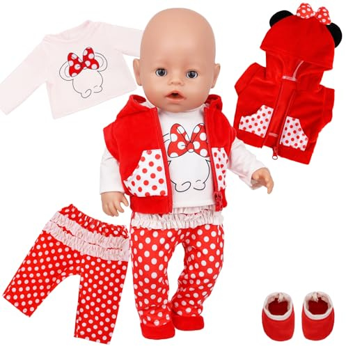 Vêtements de bébé pour poupées de 14 à 18 pouces Ensemble de vêtements de poupée avec gilet à capuche à pois rouges Haut souris Pantalon Chaussettes pour nouveau-né 30-45 cm Poupées bébé fille Pâques