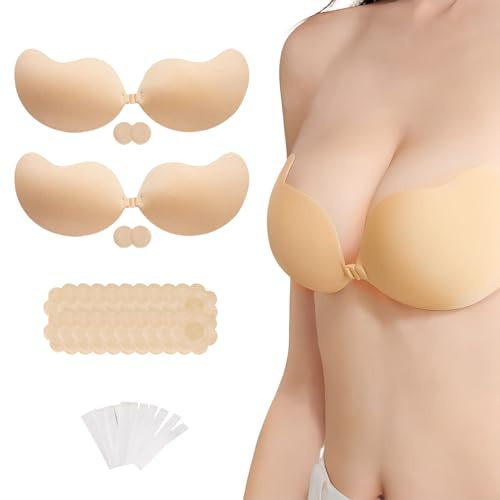AWSOLAR 2 Pairs Sticky Bra Push Up, Backless Strapless Bras, Adhesive Bra for Weddings, Parties, Holidays(Color D)