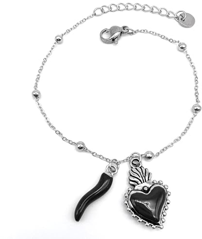 DEIMODRA Bracciale Sacro Cuore Corno Portafortuna Acciaio, Catena Regolabile con Perline colore Argento (Nero)