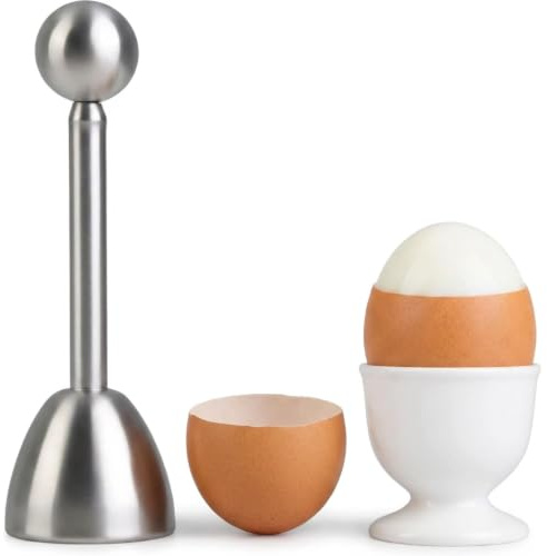 Egg Cracker Topper, Stainless Steel Soft Hard Boiled Eggs Shell Cutter with Ceramic Egg Holder Remover Eggs Cutter Peeler Kitchen Tool for Soft-Boiled Eggs and Egg Crackers Eggshell Opener