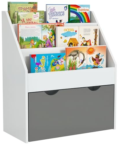 AIYAPLAY Libreria per Bambini 3-8 Anni 3 Ripiani 62.5x30x70cm Bianco Grigio | Cassetto Inferiore, Scaffale Portagiochi, Legno MDF