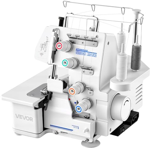 VEVOR Overlock-Nähmaschine 1250 Stiche pro Minute, 3- und 4-Faden-fähig, mit LED-Licht & starken Saugfüßen, robuste Nähmaschine mit Metallrahmen für verschiedene Stoffe, Weiß