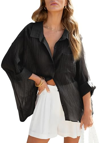 Homlan Blusa de Mujer de Manga Larga, Elegante, Cuello en V, Camisas Informales, Camisa de Lino, Holgada, con Bolsillos en el Pecho, Negro, S