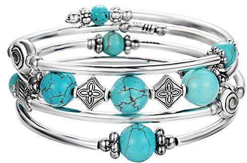 BULINLIN Beaded Pearl Layered Bangle Bracelet for Women Turquoise Bohemian Thick Silver Plated Fashion Jewellery Gifts for Birthday(09-Turquoise blue)