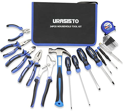 URASISTO Werkzeugset Universal und Haushalts-Werkzeugkoffer 24-teilig Werkzeugsatz Mechaniker, perfekt für leichte Heimarbeit und Reparatur mit Hammer, Schraubendreher, Zange, Schraubenschlüssel-Set
