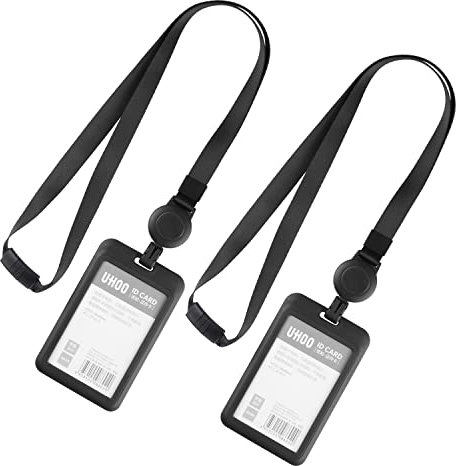 2 Stück Ausweishülle mit Schlüsselband Ausziehbar, Vertikale Kartenhalter mit Band, Ausweishalter mit Einziehbarer Lanyard für Büro Schule (Schwarz)