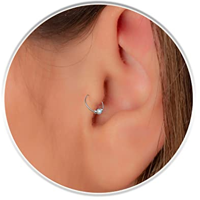 Small 925 Silver Tragus Piercing Ring - 20 Gauge Tragus Hoop With White Opal - Hypoallergenic Ear Ring Jewelry For Women Men