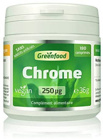 Greenfood Chrome, 250 μg, dose élevée, 180 comprimés, vegan - pour un métabolisme des macronutriments normal. SANS additifs artificiels, sans OGM.