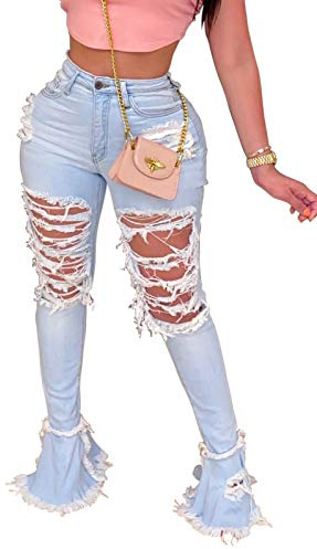BestGirl Ripped Flare Jeans for Women Mid Rise Button Bell Bottom Jeans Denim Pants C Light Blue Small