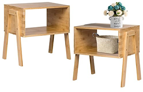 LIFEZEAL Set di 2 Comodini in Legno Massiccio di Bambù, Comò Impilabile, Tavolino Basso Laterale, Design Aperto, Moderno, per Salotto, Soggiorno, Camera da Letto, Peso Max 50 kg, 40x29x42 cm