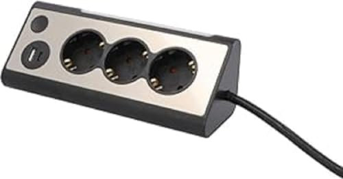 UNITEC Eck-Tischsteckdose mit 3 Steckdosen, 2 USB-Anschlüsse, Touch-Schalter zur Steuerung der integrierten LED, IP20, ideal für Küche, Büro oder Werkstatt Edelstahlfront 3.680 W