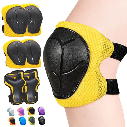 Inkidio Knee Pads for Kids Unicorn Protective Gear Set Knee Pads and Elbow Pads Set with Wrist Guard for Girls Boys Roller Skates Inline Skatings Scooter Cycling Bike Skateboard (Small, Yellow)