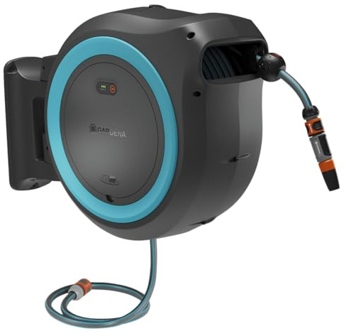 Gardena Avvolgitubo a parete PowerRoll XXL solo, ricaricabile: avvolgitubo automatico con tubo 40 m, guida e RollControl, batteria ricaricabile, protezione antigelo e raggi UV (18645-55)