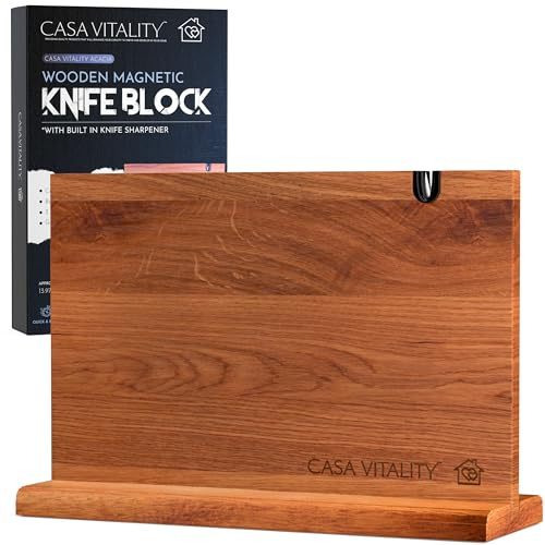 Acacia Wood Magnetic Knife Holder 14x10 – Double-Sided Knife Holder with Strong Magnet & Built-In Sharpener – Space-Saving Magnetic Knife Block Gift for Home Kitchens & Cooking Lovers