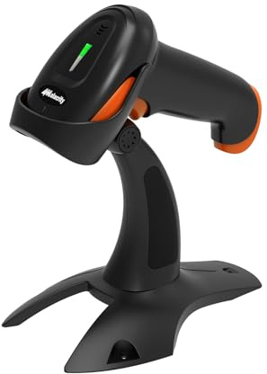 Alacrity 2D 1D kabelloser Barcode-Scanner mit Ständer, 3-in-1 Konnektivität Bluetooth 2,4G kabellos USB kabelgebunden, Barcode-Lesegerät mit Freihandmodus und Vibrationsalarm, Orange