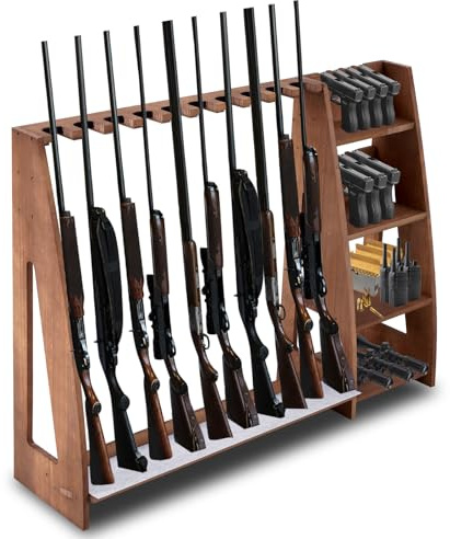 Lineshading Wooden Gun Rack with Holder, Indoor Floor Standing Rifle Rack, Gun Display Storage for Home or Garage Storage, Holds 10 Long guns and 8 handguns(Walnut)