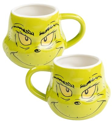 United Labels Grinch-kopp, 320 ml, grön, 3D-grink-ansikte, kaffekopp, rolig kaffemugg i presentförpackning