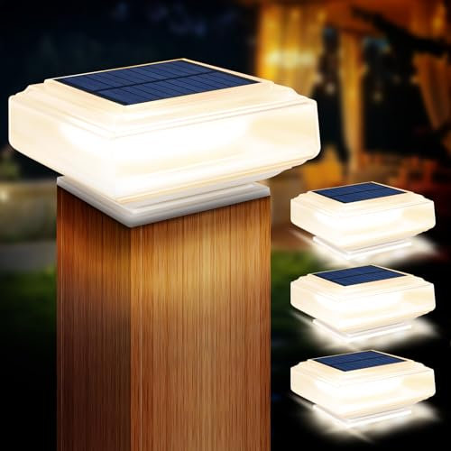 AMFUN 4 Pack Home Solar Post Lights, LED Fence Posts Cap Lights, Waterproof Solar Powered Post Cap Lights for 4x4 5x5 6x6 inch Wooden Posts, Deck, Fence (Warm White)