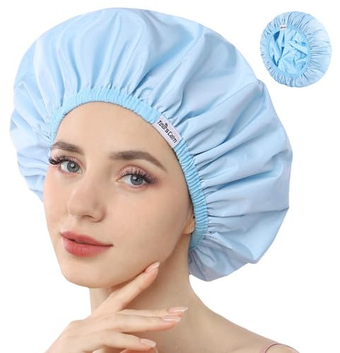 Years Calm Duschhauben für Frauen, wiederverwendbar, wasserdicht, Muster und einfarbig, zweilagiges Design für, schützt das Haar in der Dusche, Spa, Kochen, Reinigen und Reisen（Blau）