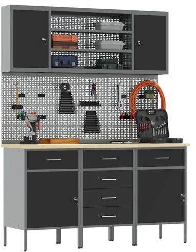 vidaXL Établi avec tiroir 7 pcs Noir 150 x 55 x 200 cm Acier, Organisation d'atelier, Rangement de qualité, Armoire Industrielle Pratique, système de Stockage Multi-Fonction