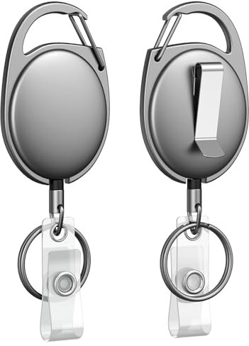 Uniclife Pack de 2 Portaidentificadores Retráctiles de Metal Resistente - Llavero Retráctil Todo en Metal con Muelle de Acero Inoxidable, Cuerda de Nylon de 55 cm, Mosquetón y Clip para Cinturón