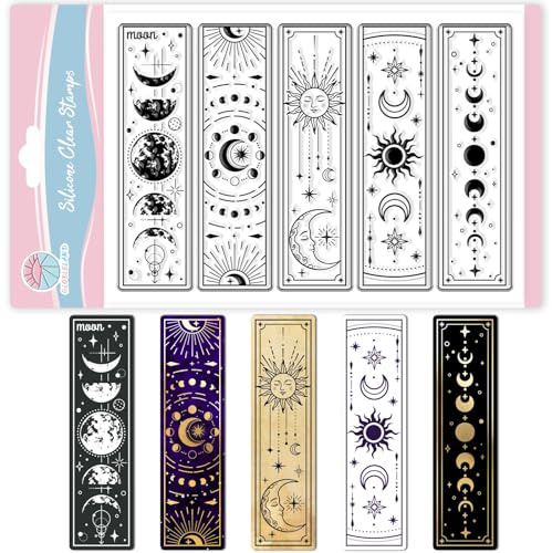 GLOBLELAND Marcapáginas celestial sello transparente para hacer tarjetas, etiquetas de fases lunares de silicona, sello transparente de estrellas, sello de sello transparente para DIY scrapbooking