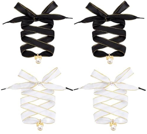 PH PandaHall 4 cordones de satén de moda para zapatos con diamantes de imitación con lazo de perlas, cinta de seda blanca y negra de 44 pulgadas, cordones planos de repuesto para tenis de mujer