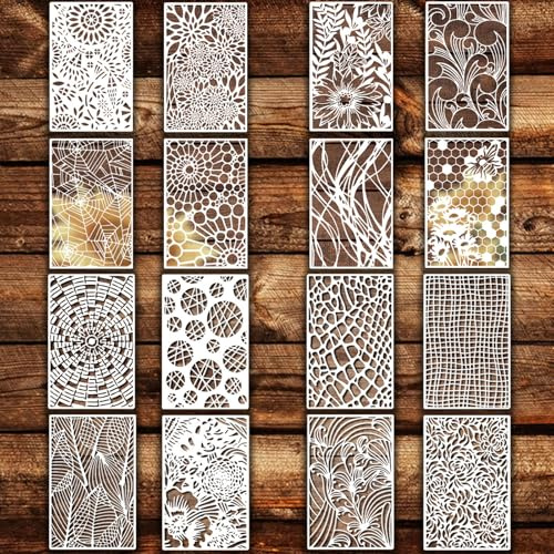 16Pcs Texure Stencils for Crafts Reusable 11x7in Stencils for Painting Wood Grains Flower Templates Mixed Media for Painting for Art for Scrapbooking, Journaling, and DIY Crafts (Pattern 1)