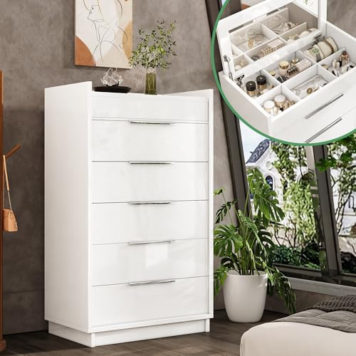 AMERLIFE 50.2 H 5-Drawer Dresser for Bedroom with Built-in Mirror & Glass Tabletop, High Gloss Bedroom Storage Organizer & Closet, Modern Chest of Drawers, White
