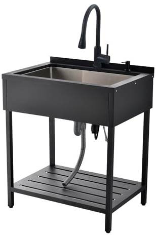 WMXQX Stainless Steel Utility Sink Black, 30.7x21.65 x35 Laundry Utility Sink Free standing Sink with Faucet 16 Gauge Single Bowl Commericial Sinks for Kitchen Laundry Room Outdoor Garage