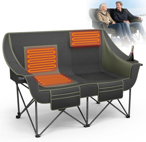 Heavy Duty Double Camping Chair with Padded Camping Loveseat – Oversized 2 Person Folding Camping Chair for Adults,Portable Camping Sofa with Cup Holders & Carry Bag for Outdoor Lawn, Beach or Patio