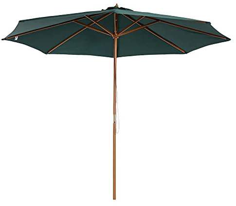 Outsunny Ombrellone da Giardino Ø3x2.5 m con Apertura a Corda, 8 Stecche, Palo in Legno e Copertura in Poliestere Verde Scuro