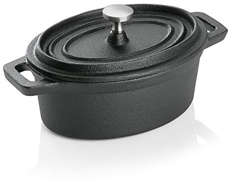 WAS 3525 121 gjutjärn cocotte med lock, oval, 12 cm längd, 9 cm bred, 5 cm hög, svart