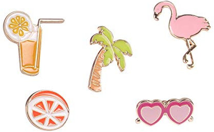 Beyond Broche / Pin's en Métal - Lot de 5 - Palmier Cocktail Lunettes de Soleil Flamant Rose, Émail, Sans pierre.