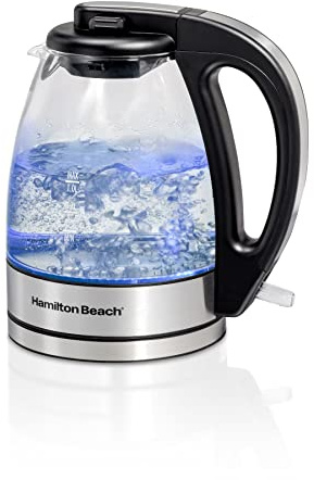 Hamilton Beach Glass Electric Tea Kettle, Water Boiler & Heater, 1 Liter, 1500 Watts for Fast Boiling, BPA Free, Cordless Serving, Auto-Shutoff & Boil-Dry Protection, Soft Blue LED (40930)