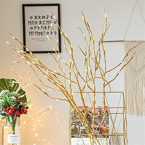 Lot de 2 Branches Arbres Lumineux LED 74cm 20-LEDs Guirlandes Luminineuses Blanc Chaud Pour la Fleur Plante Artificielle Décoration Intérieure, Bureau, Chevet, Chambre, Maison (Ruban Or)