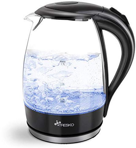TRESKO Hervidor de Agua Eléctrico de Vidrio 1,7 L – 2200W | Iluminación LED | 360° Base de Acero Inoxidable | Desconexión Automática | Incl. Filtro | Libre de BPA