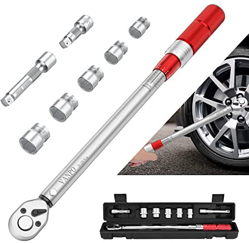 VANPO Drehmomentschlüssel 1/2, 20-220 Nm Drehmomentschlüssel 8tlg. Set, ± 3% Fehlergenauigkeit Reifen Reparatur Tool mit Ratschenschlüssel, 2 Verlängerung & 5 Stecknüsse für Auto, LKW, Motorrad