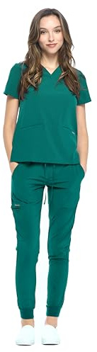 Dagacci Medical Uniform® Jogger Scrubs for Women Set – V-Neck Scrub Top & Elastic Jogger Scrub Pants for Women 8 Pockets Hunter Green S