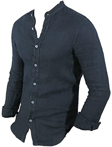 DIDYUGO Camicia Uomo in Lino Manica Lunga Collo alla Coreana Slim Fit S M L XL XXL XXXL (XL - Blu)