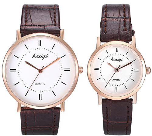JewelryWe Paar Uhren Analog Quarz Partner Freundschafts Armbanduhr Klassische Einfache Leder Armband Pärchen Uhr für Herren Damen Braun
