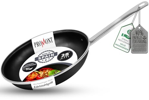 ProMont Energiesparpfanne 28 cm Einsparung bis zu 40% - Emaillierter Stahl, Antihaft Beschichtung innen, sehr leicht zu reinigen, Schwarz Pfanne für alle Herdarten Spülmaschinenfest Edelstahlgriff