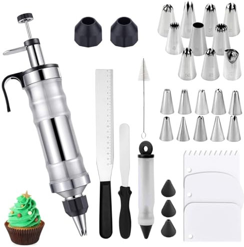 NUWIQ Sacca Pasticcera in Acciaio Inossidabile Set da 34 Pezzi - 400 ml Tasca per Panna Riusabile, Sacca da Pasticceria Professionale con 20 Lancette per Decorare Cupcake Torte Pasticcini