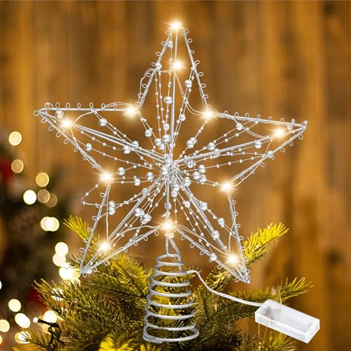 Seasboes Albero Di Natale Topper Stella, Albero Di Natale Topper,Stella Per Albero Di Natale a Led,Led Albero Di Natale Topper Per La Casa Di Natale Festosa Decorazione Dell'Albero Di Natale (Argento)