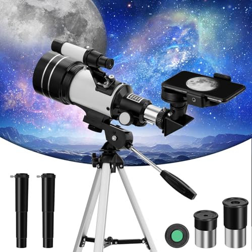 Bellanny Teleskope, Teleskop Astronomie Erwachsene, 70mm Öffnung 300mm Refraktor Teleskop für Kinder und Einsteiger mit Stativ, Smartphone Adapter, zur Beobachtung Die Natur, Himmel, Mond, Planeten
