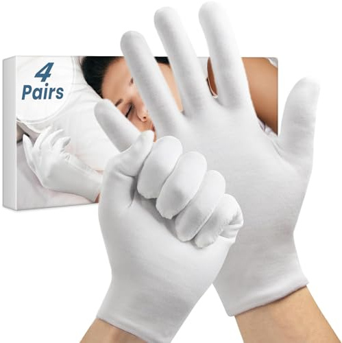 Lot de 4 paires de gants blancs en coton respirant pour dormir les mains sèches, gants lavables pour l'eczéma hydratant pendant la nuit pour homme et femme, costume d'Halloween, de mariage, de travail
