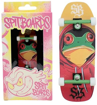 SPITBOARDS 34mm Fingerboard Oldschool Cruiser Pro Complete Setup, Pre-Assembled 5-Layer Wood, Pro Trucks, Soft Urethane 60D Bearing Wheels, Real-Wear Graphics, Lasered Foam Tape 'Hooded Frog'