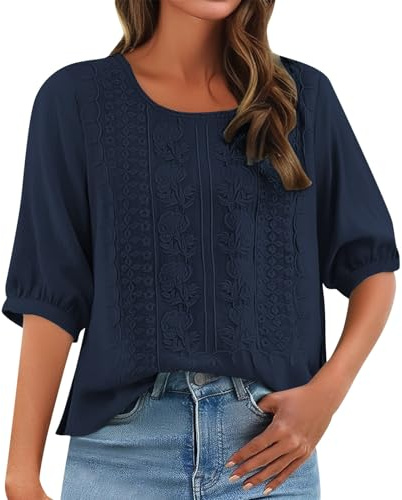 Camicia da donna a maniche 3/4, con ricamo a tunica cinese, tradizionale, elegante, tinta unita, estiva, a maniche lunghe, casual, in lino, leggera