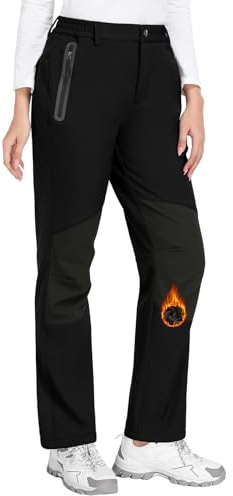 PASUDA Womens Waterproof Walking Trousers Thermal Hiking Pants Fleece Lined Ladies Winter Outdoor Windproof Joggers Warm Softshell Fishing Ski Snow Pants with Knee Friction Prevention (Black, S)